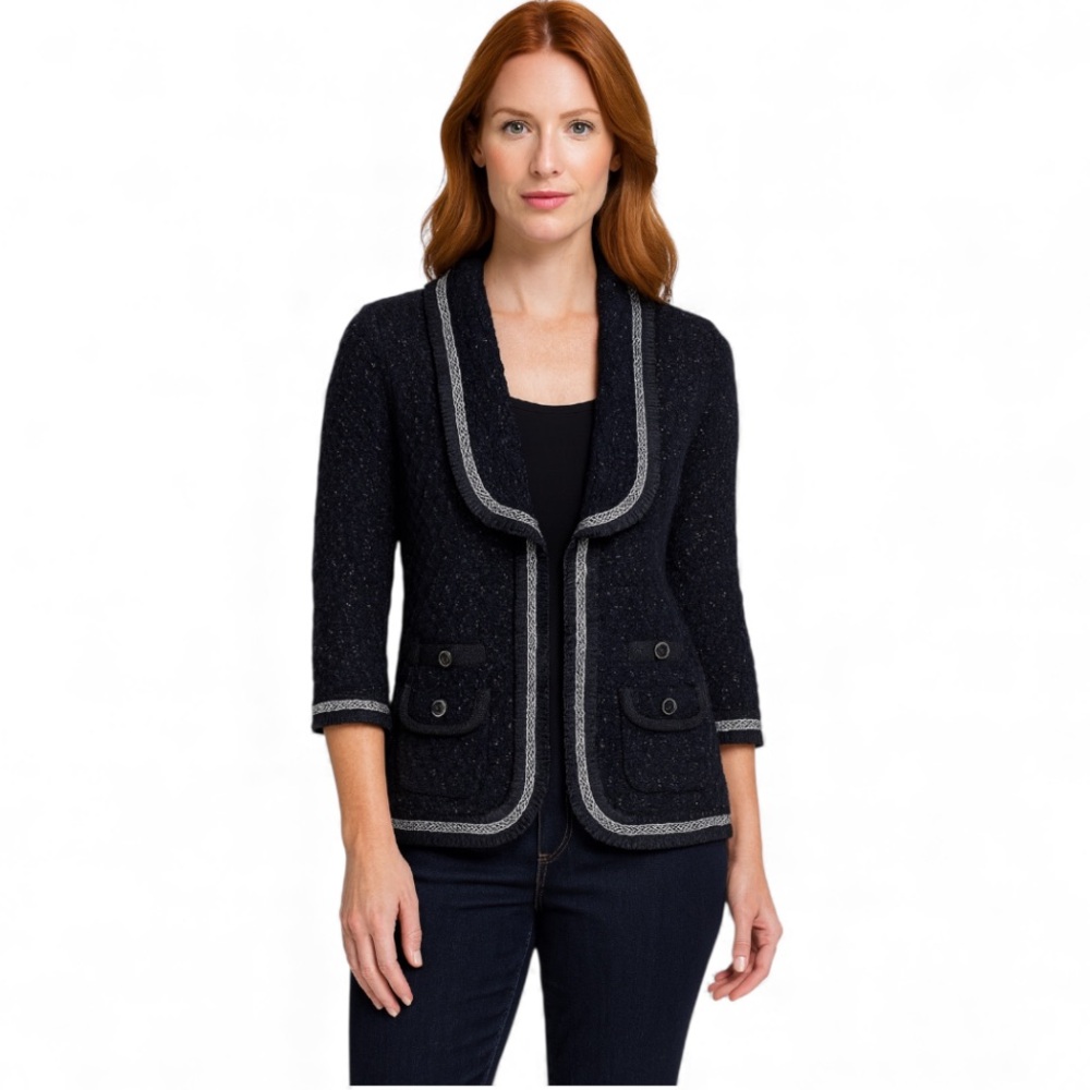 WHBM Black and White Tweed Sweater Jacket Medium Metallic Braided Ribbon Trim